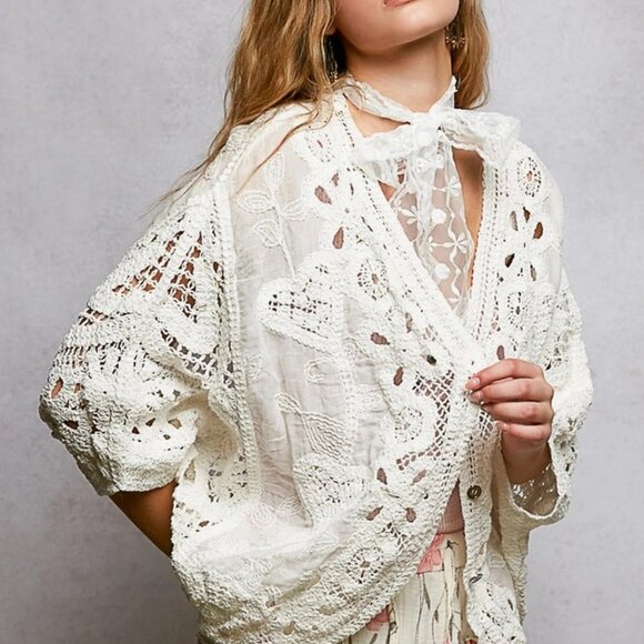 POL POL 2026 Batwing Sleeve Button Down Solid Crochet Cardigan Top 0/S WHITE - Picture 3 of 4